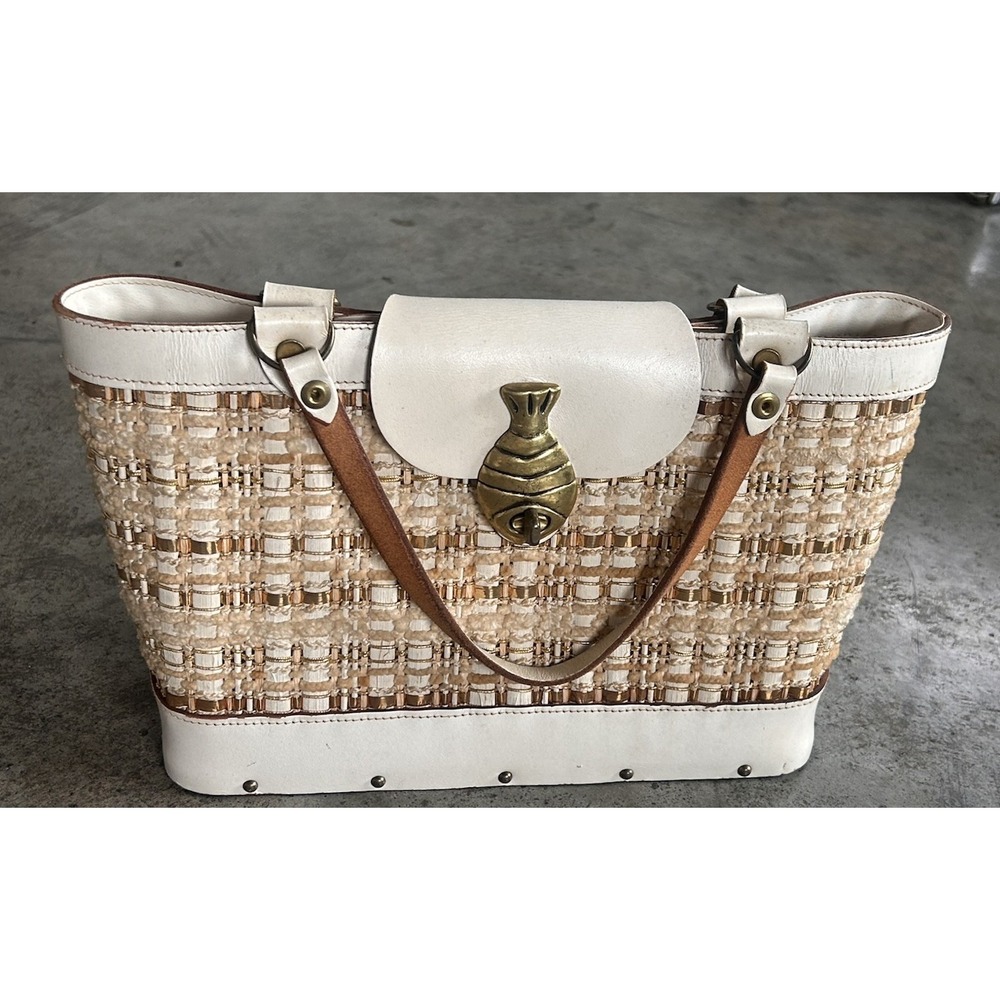 Vintage Collins of Texas Woven Houndstooth Fish Clasp Bag Purse Wood Bottom Rare